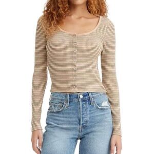 Levi’s Britt Beige & Green Striped Long Sleeve Knit Top Snap Front Closure Large